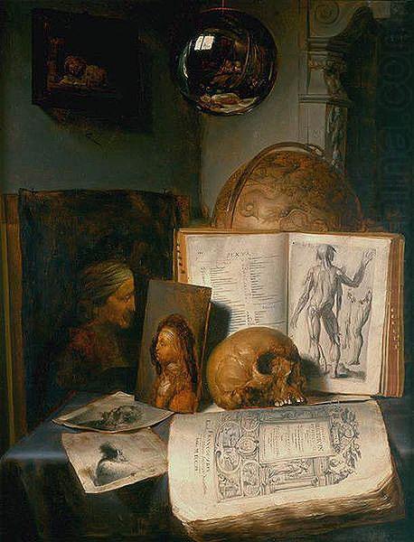 simon luttichuys Vanitas still life with skull, books, prints and paintings by Rembrandt and Jan Lievens, with a reflection of the painter at work china oil painting image